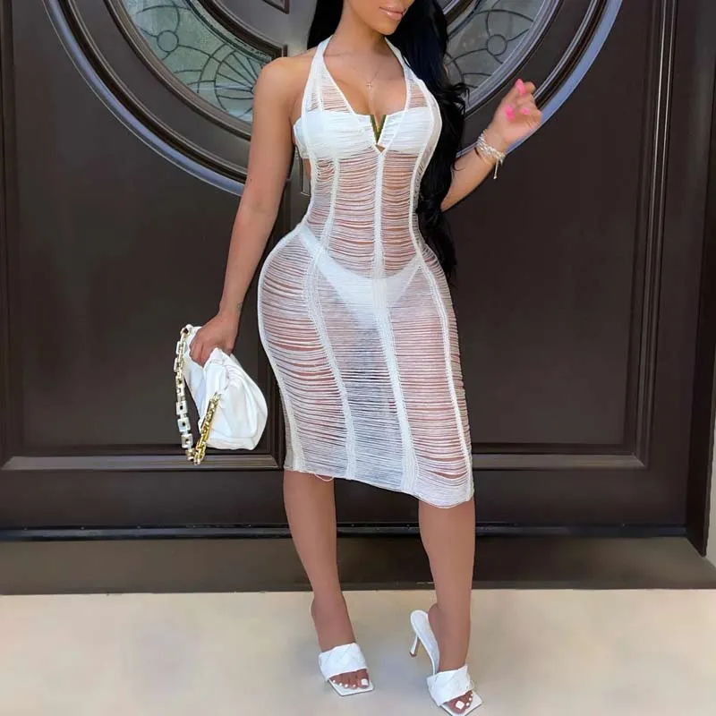 Solid Sleeveless Deep V-Neck Halter Cut Out See Through Dress