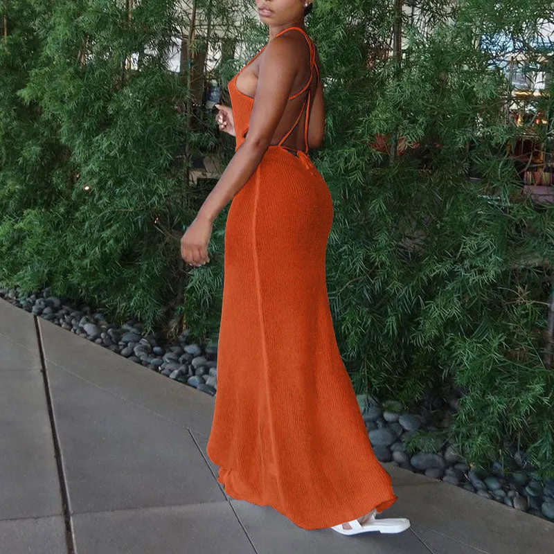 Solid Sleeveless Deep V-Neck See Through High Slit Dress