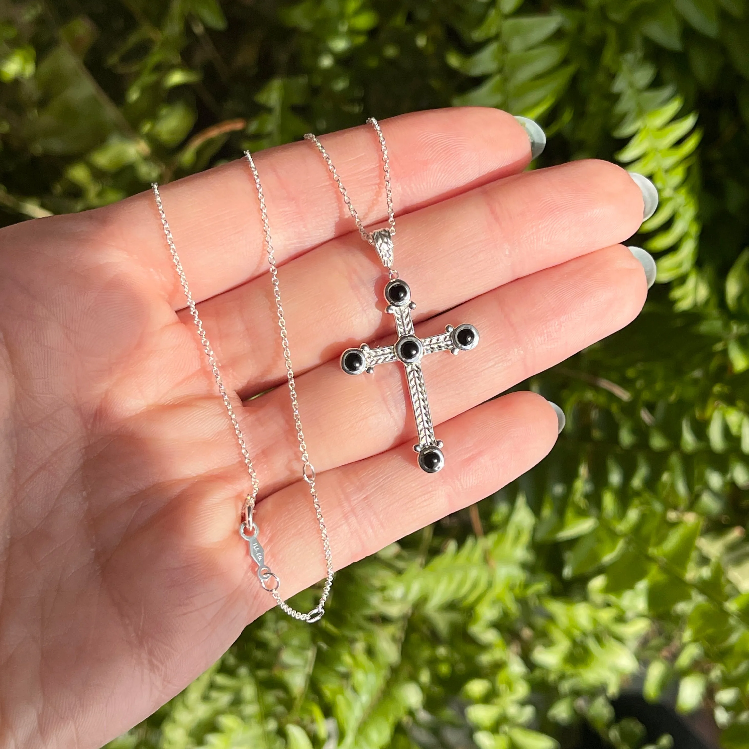 Sterling Silver Ornate Black Onyx Cross Pendant Necklace
