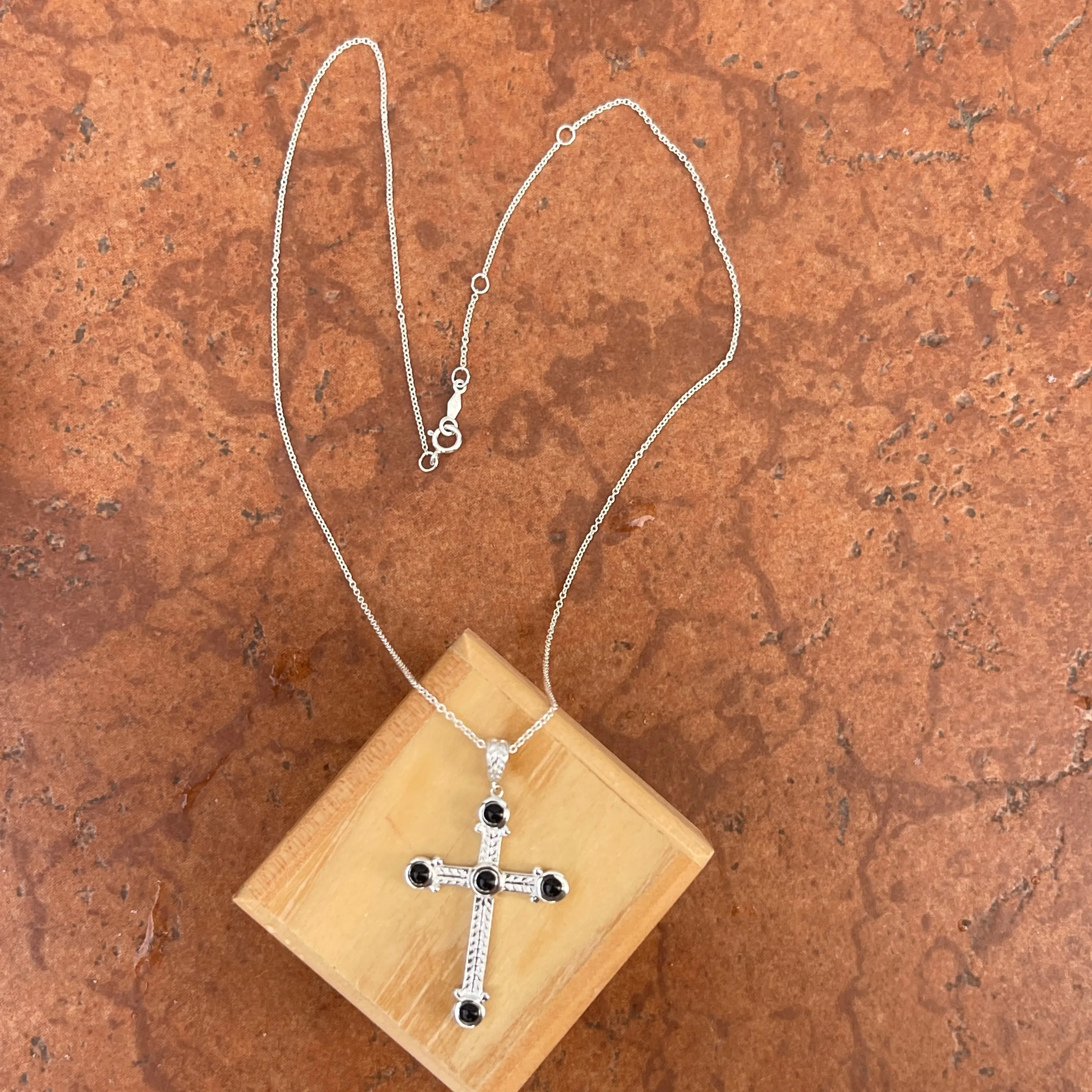 Sterling Silver Ornate Black Onyx Cross Pendant Necklace