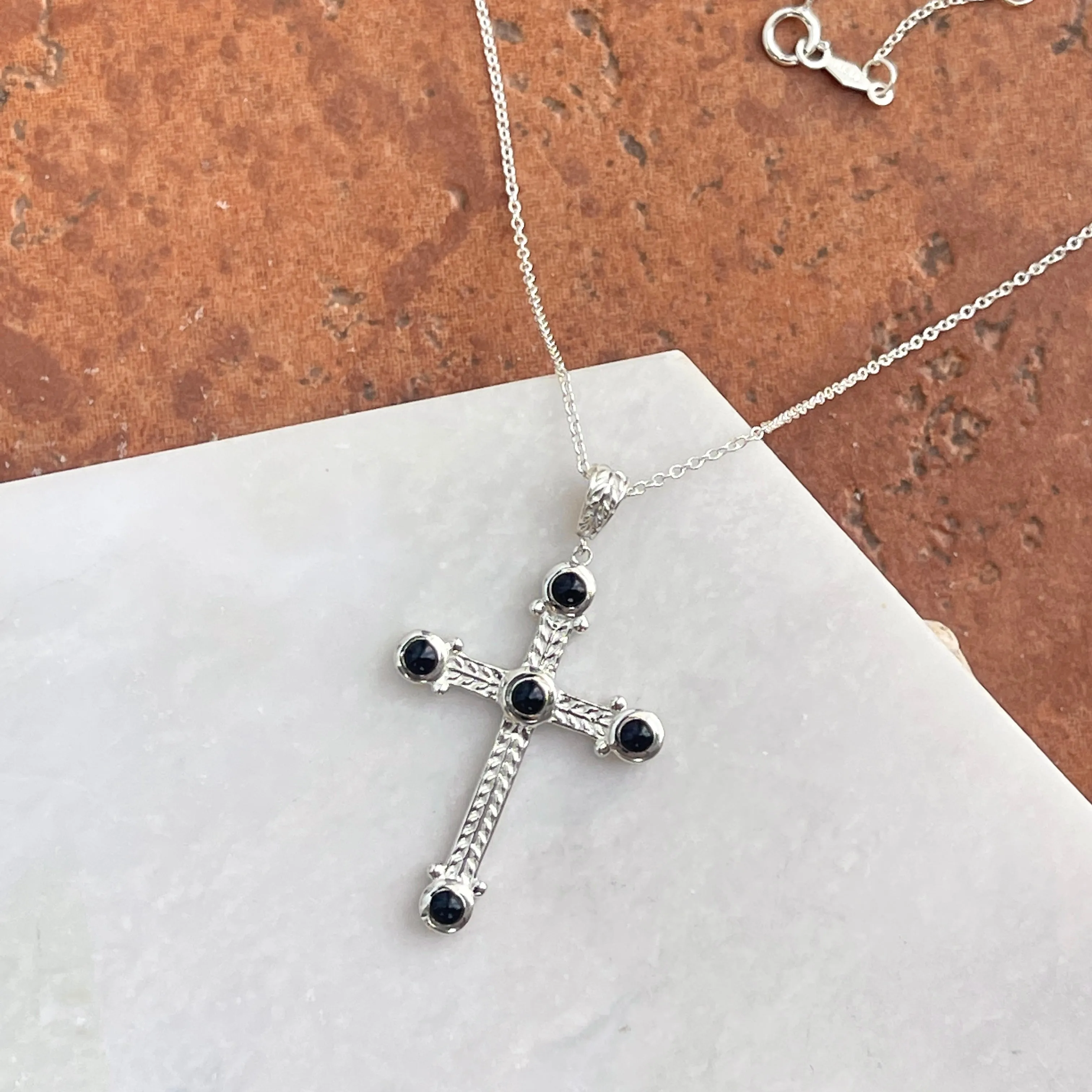 Sterling Silver Ornate Black Onyx Cross Pendant Necklace