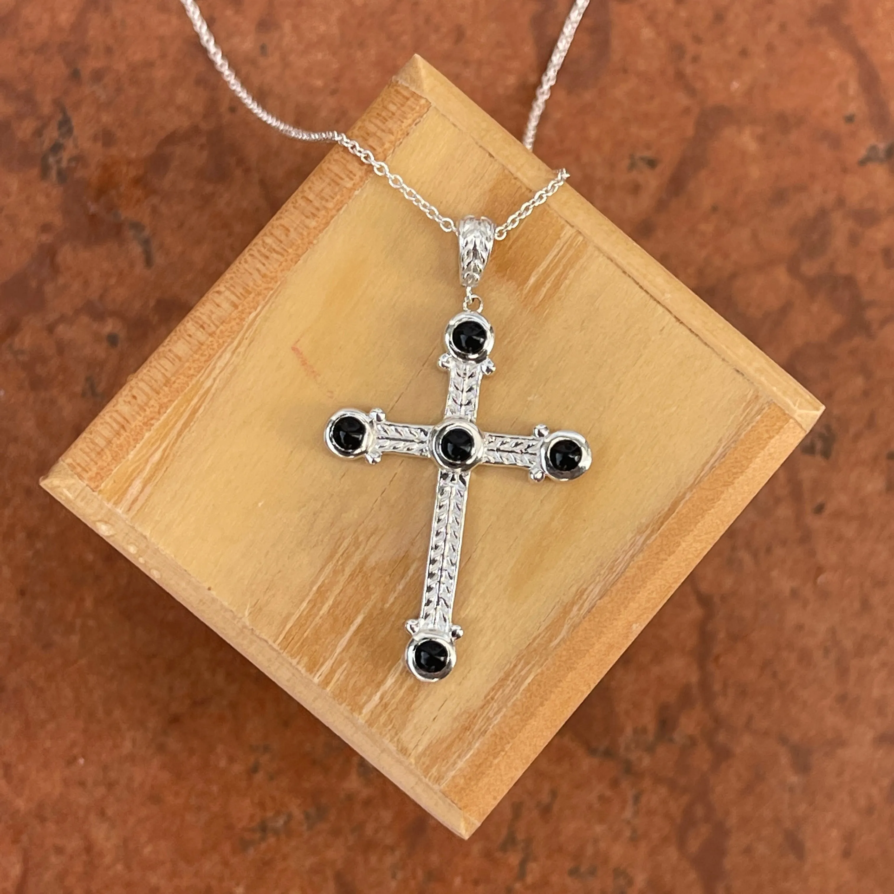 Sterling Silver Ornate Black Onyx Cross Pendant Necklace