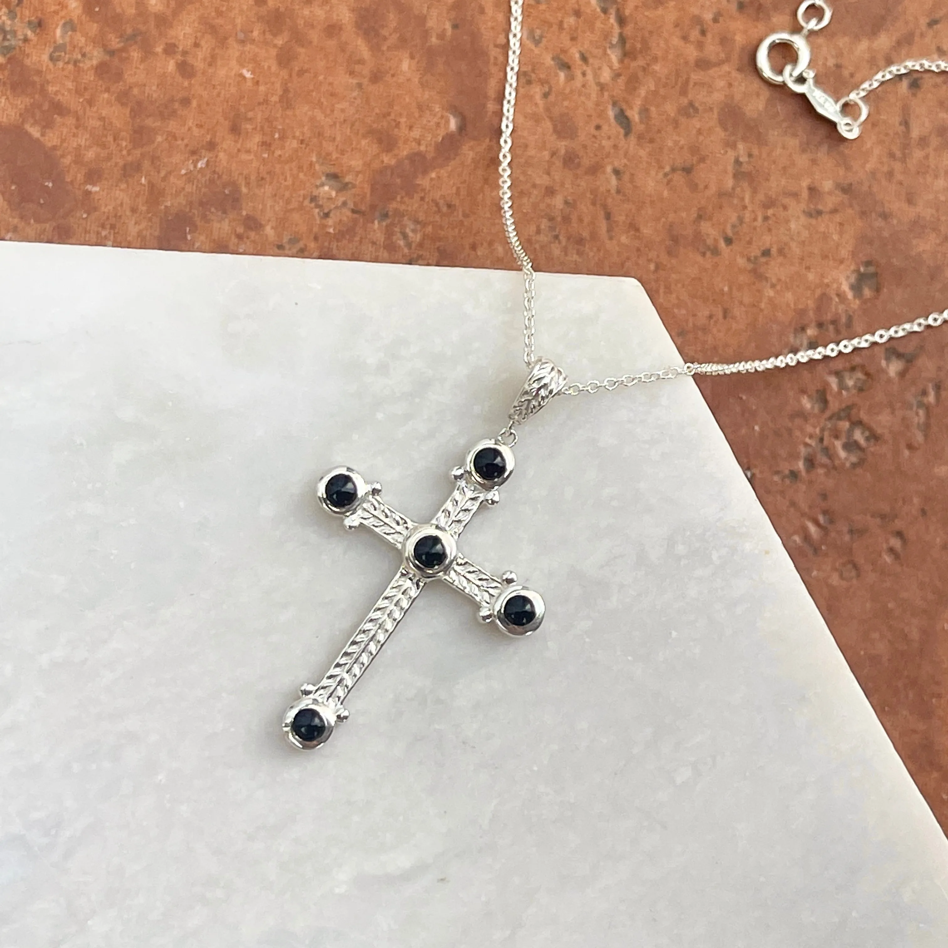 Sterling Silver Ornate Black Onyx Cross Pendant Necklace