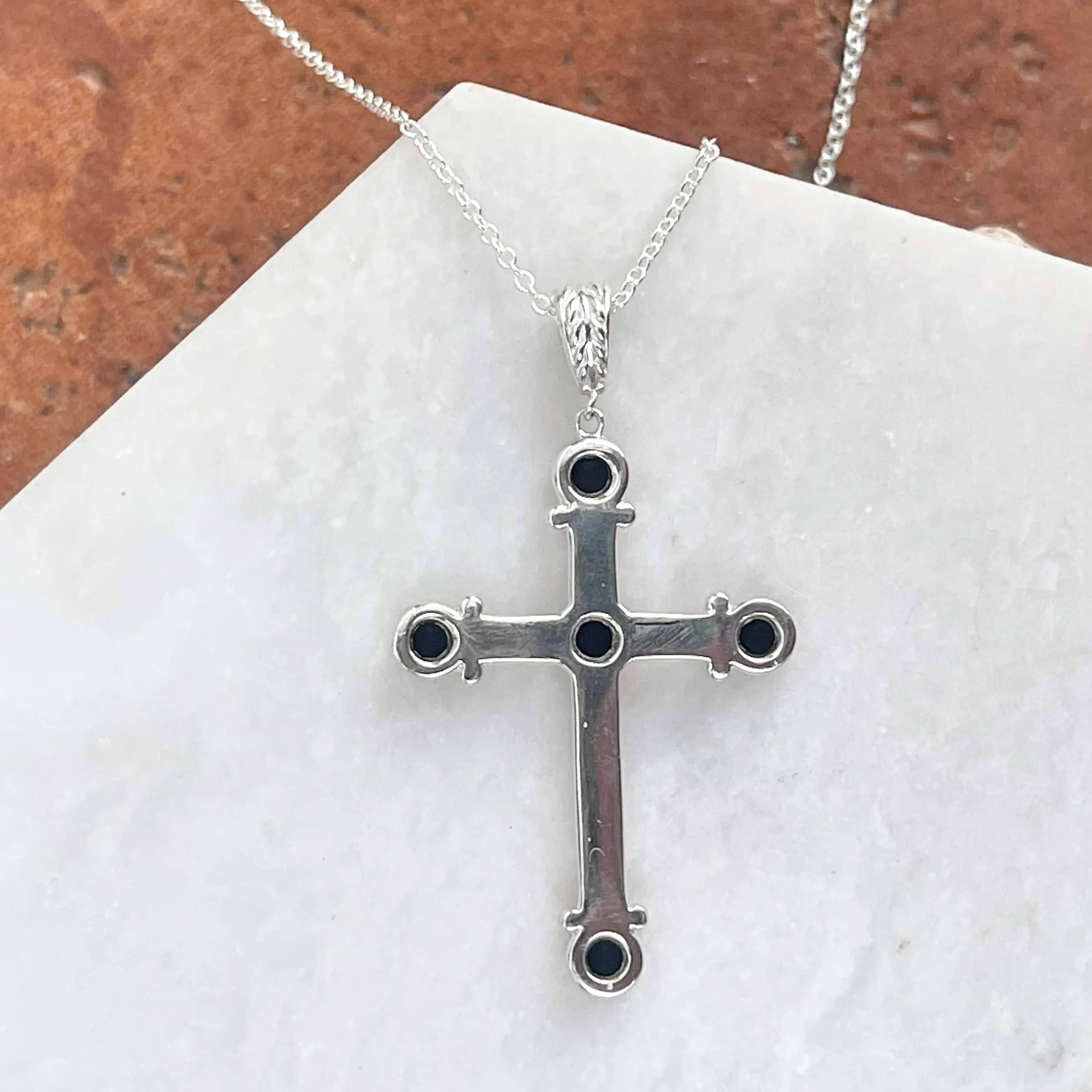 Sterling Silver Ornate Black Onyx Cross Pendant Necklace