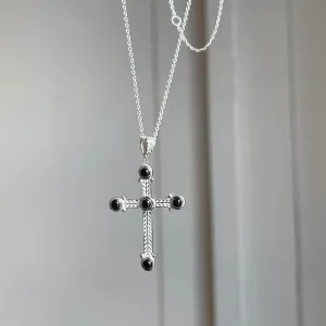 Sterling Silver Ornate Black Onyx Cross Pendant Necklace