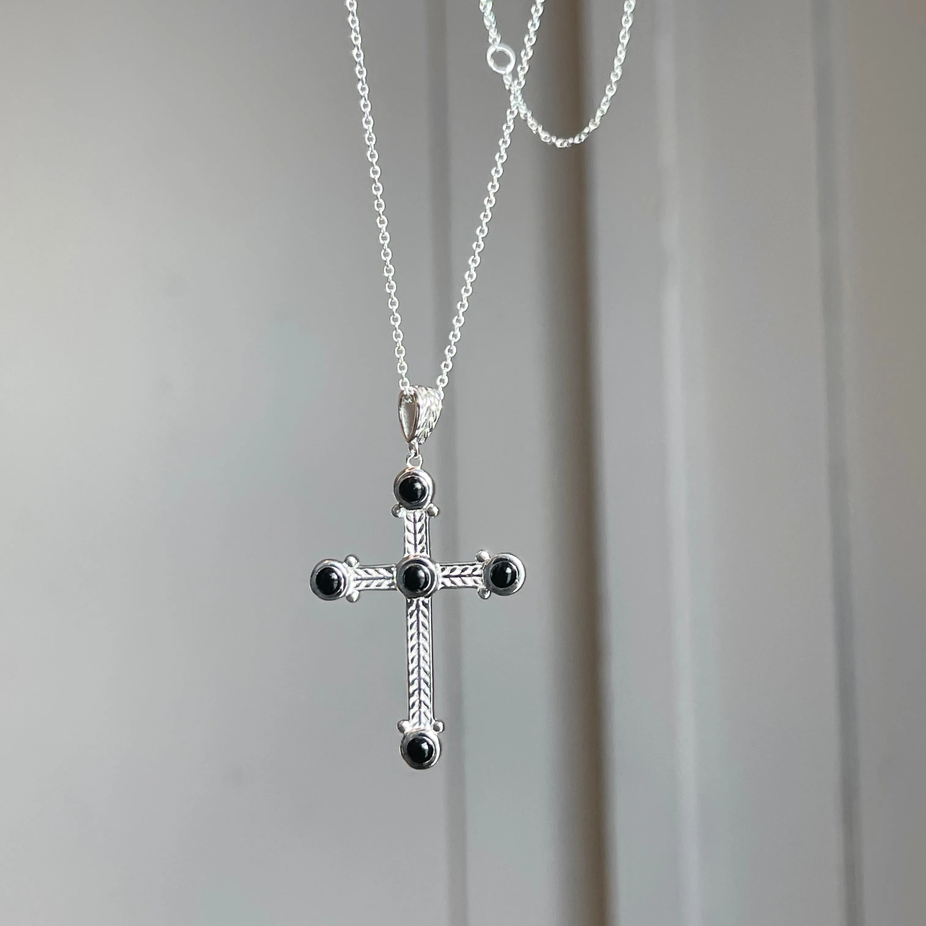Sterling Silver Ornate Black Onyx Cross Pendant Necklace