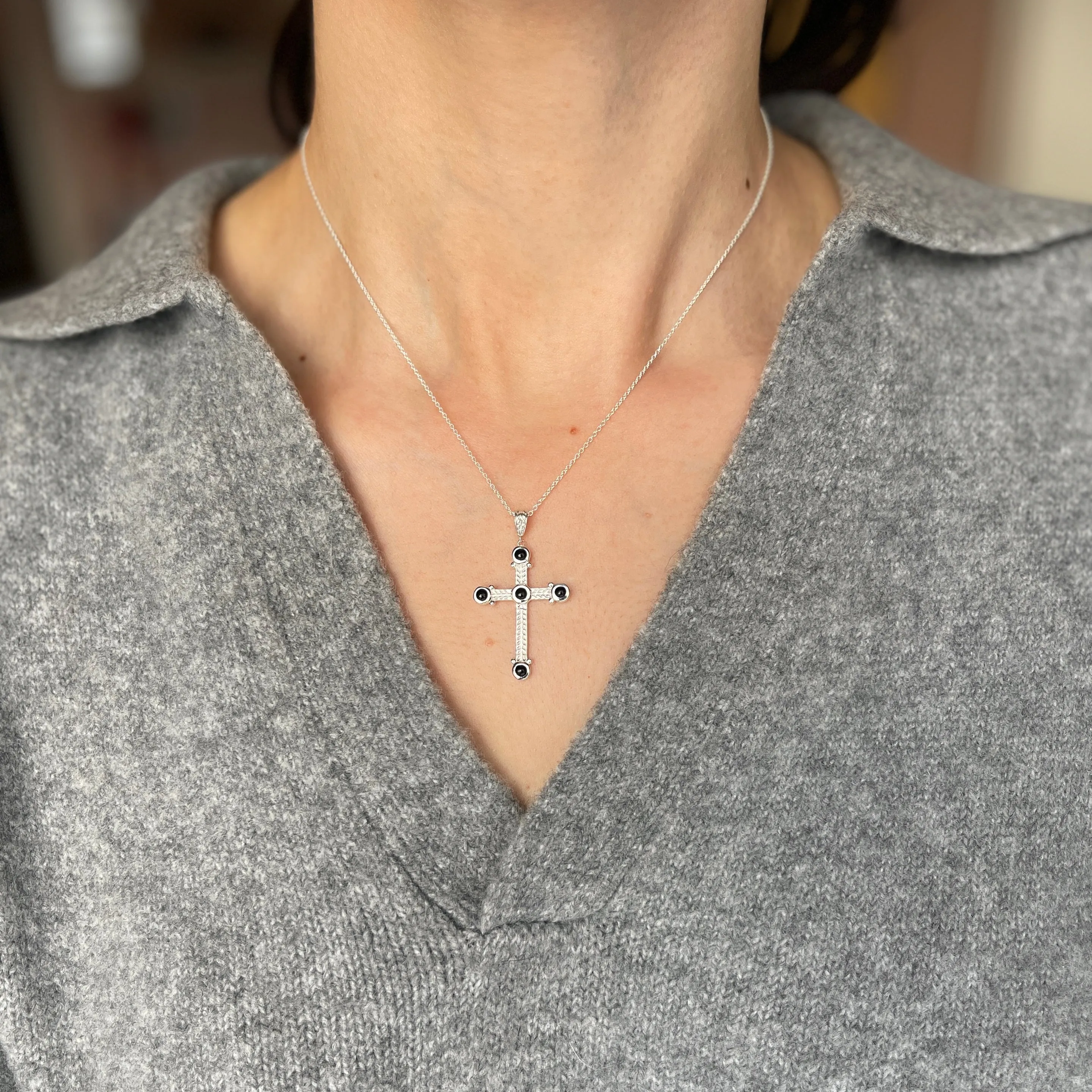 Sterling Silver Ornate Black Onyx Cross Pendant Necklace