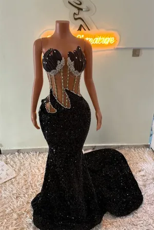 Strapless Silver Beaded Black See through  Mermaid Sequin Prom Dresses
