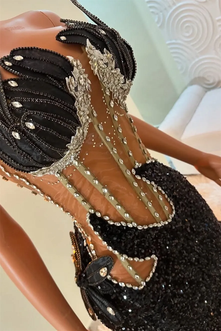 Strapless Silver Beaded Black See through  Mermaid Sequin Prom Dresses