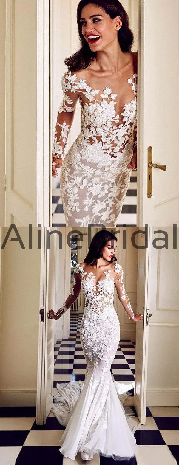 Stunning Lace Applique Illusion Long Sleeve Mermaid With Train Wedding Dresses, AB1552