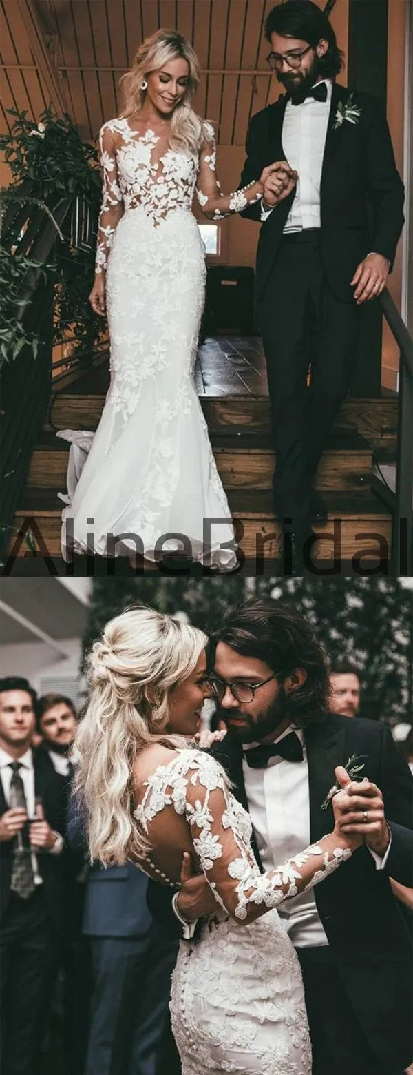 Stunning Lace Applique Illusion Long Sleeve Mermaid With Train Wedding Dresses, AB1552