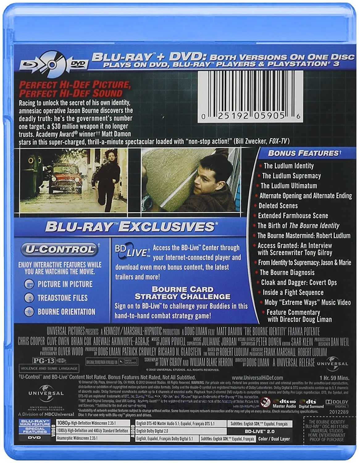 The Bourne Identity Blu-Ray   DVD (2-Disc Set) (Free Shipping)