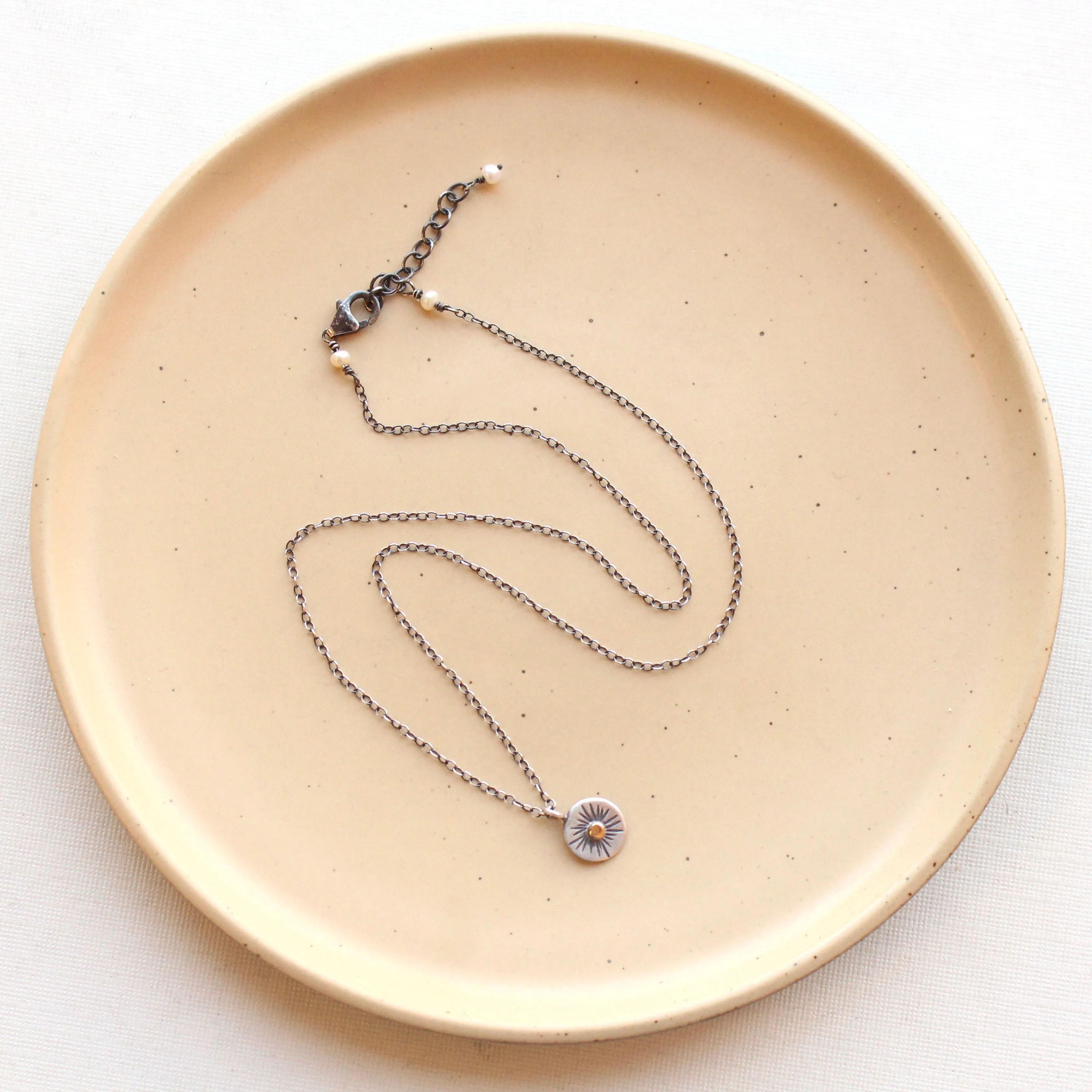 Tiny Rustic Sun Necklace 14k Gold & Silver