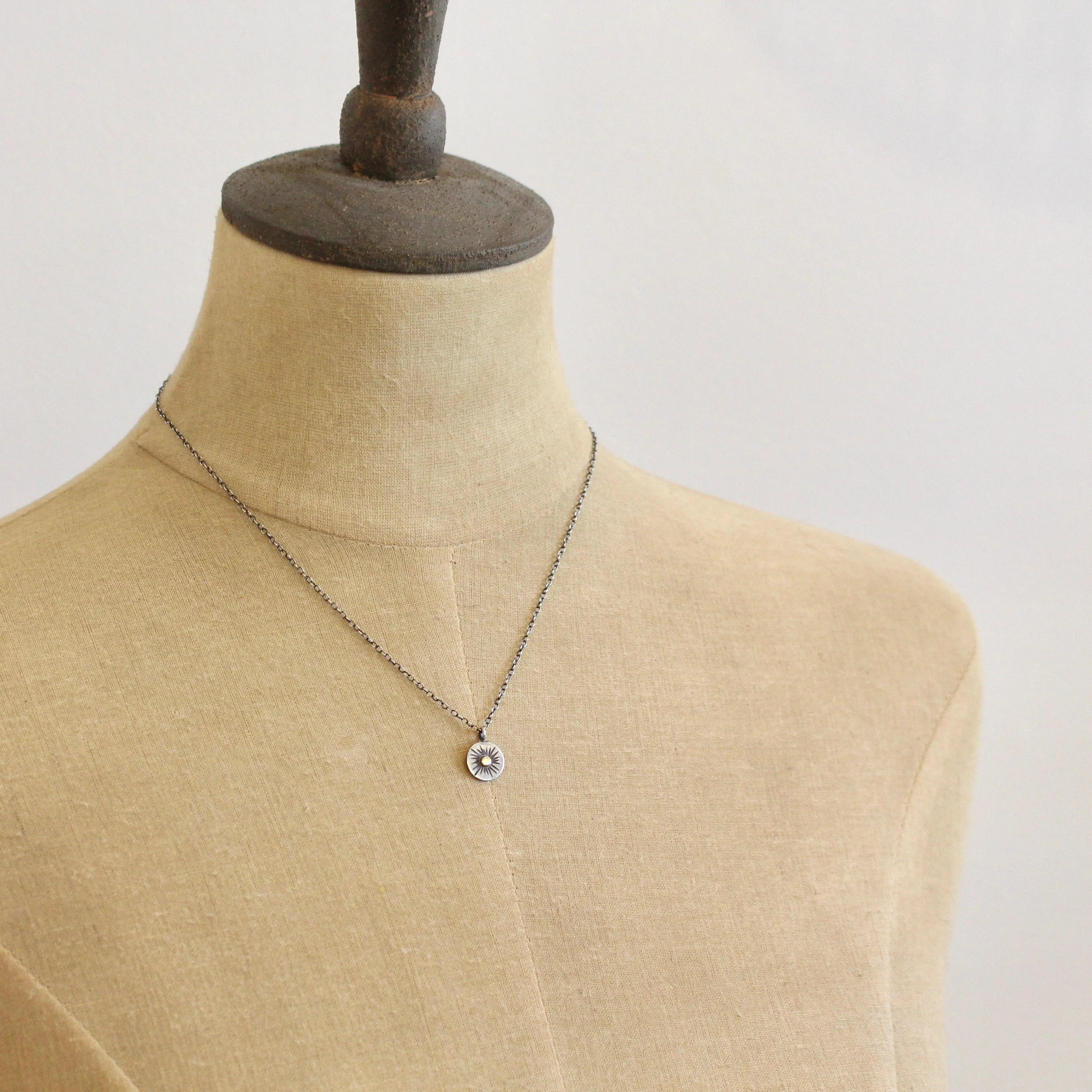 Tiny Rustic Sun Necklace 14k Gold & Silver