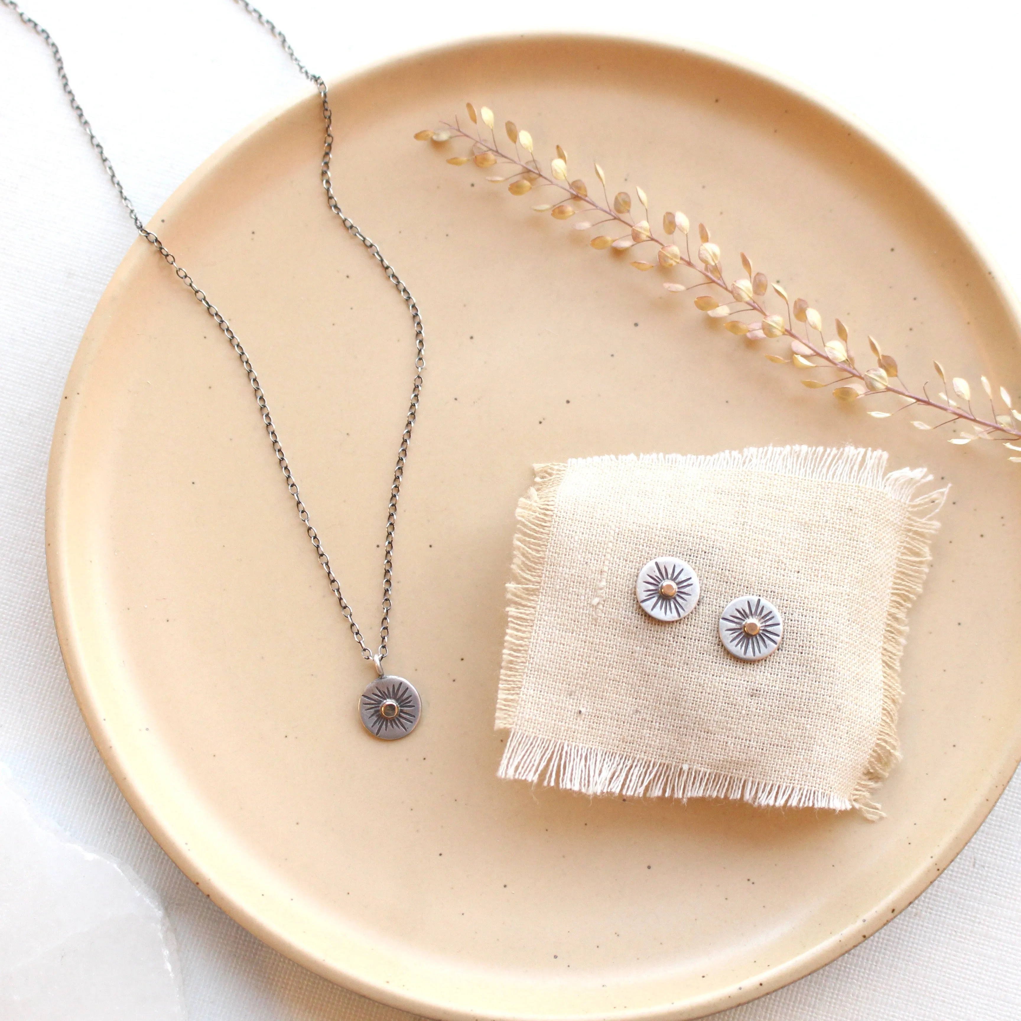 Tiny Rustic Sun Necklace 14k Gold & Silver