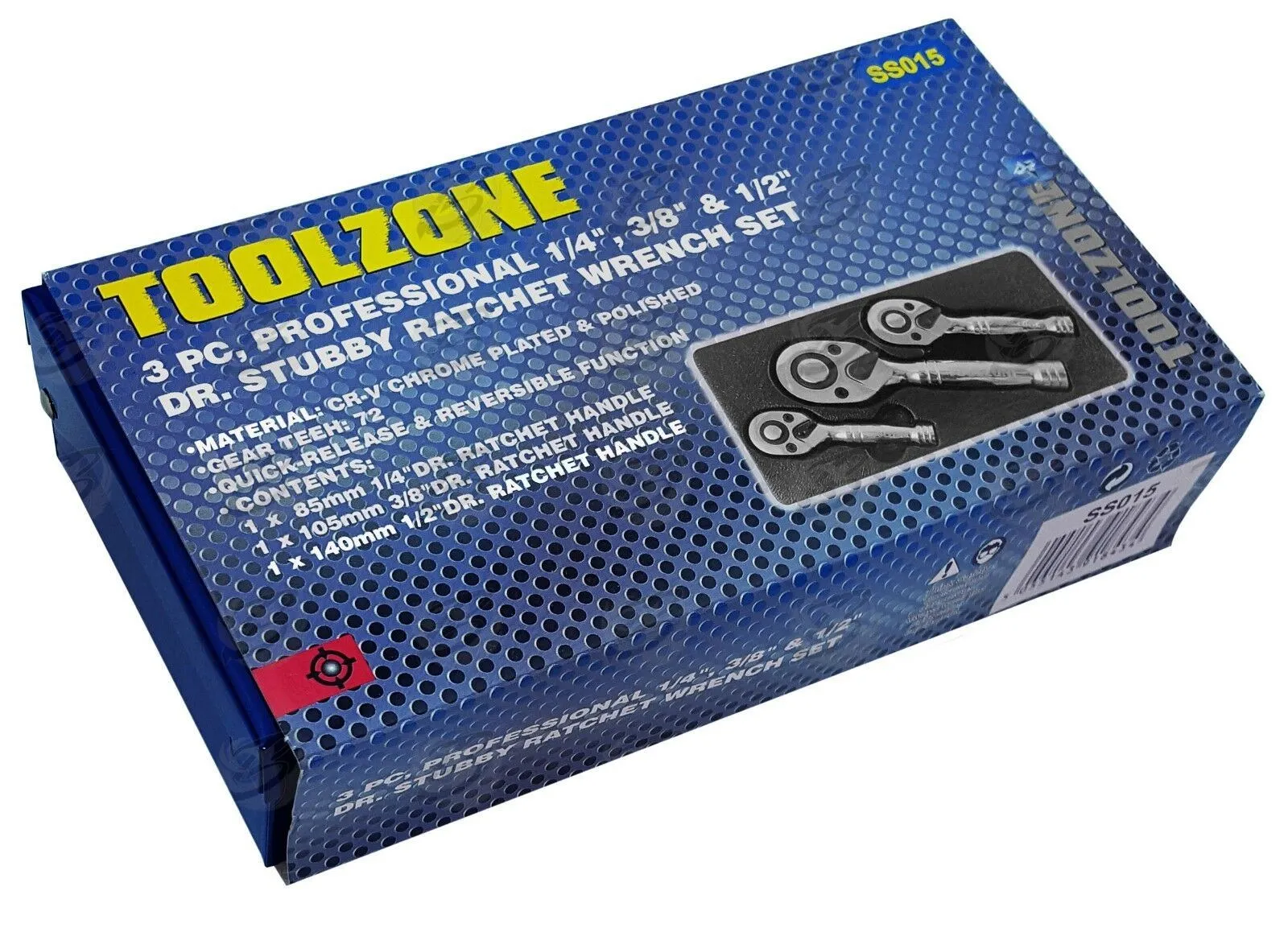 TOOLZONE 3PCS 72 TOOTH STUBBY RATCHET HANDLE SET 1/4" & 3/8" & 1/2" DRIVE