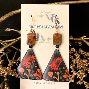 Triangle Earrings Colorful Flowers on Black