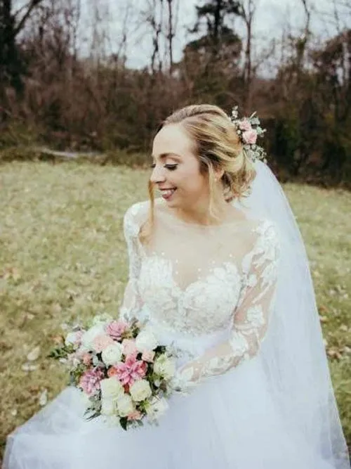 Tulle Long Sleeve Beaded Floral Lace See Through Boho Wedding Dresses,MW489