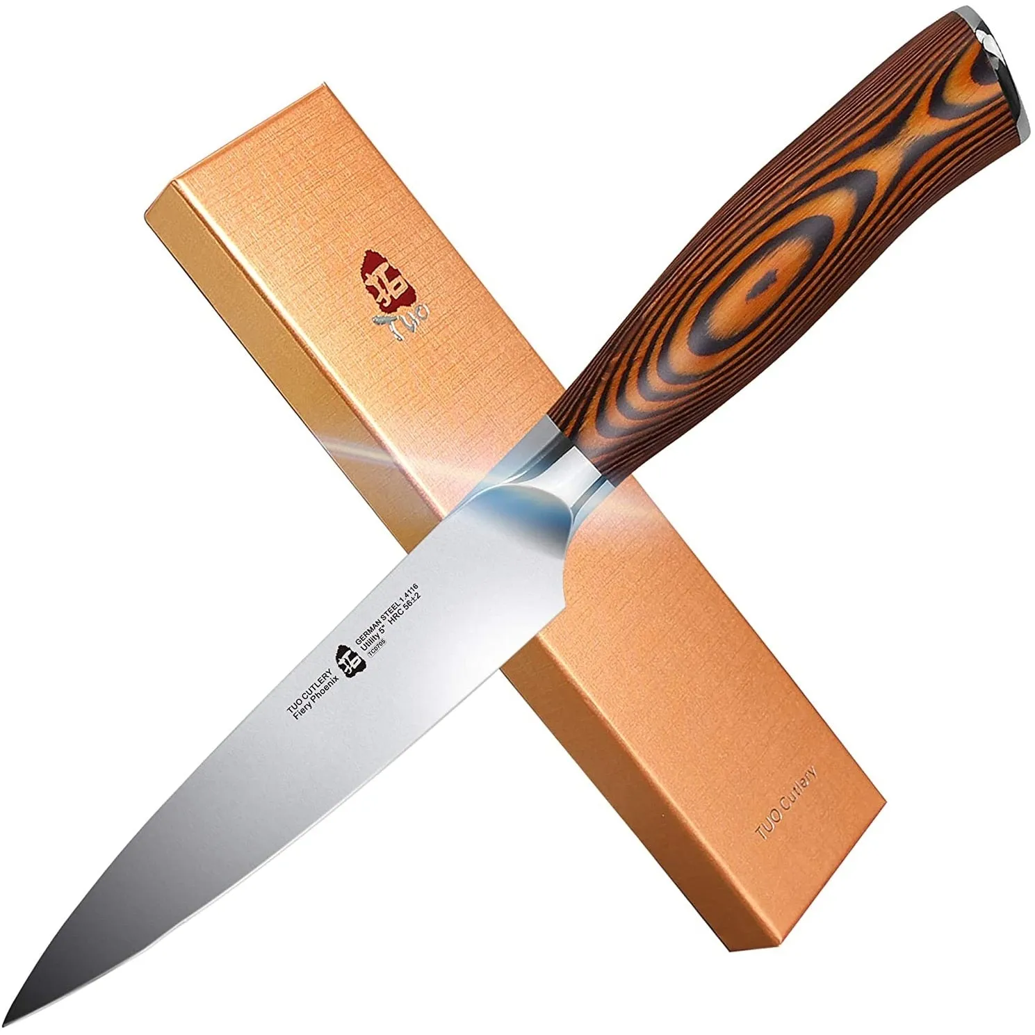 Tuo 5" German Steel Utility Knife w/Pakkawood Handle w/Case, Fiery Series