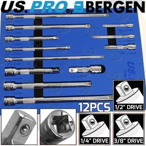 US PRO 12PCS 1/4" & 3/8" & 1/2" DRIVE EXTENSION BARS 50MM - 250MM