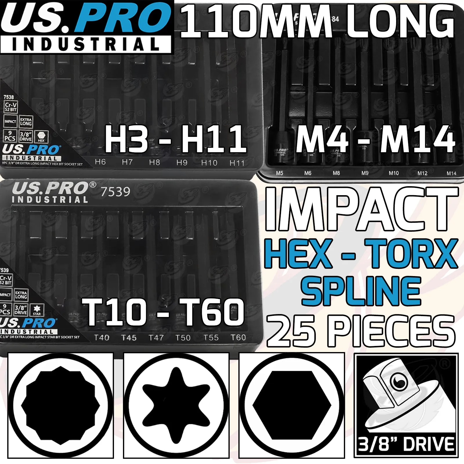 US PRO 25PCS 3/8" DRIVE EXTRA LONG IMPACT HEX - TORX - SPLINE BIT SOCKETS