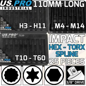 US PRO 25PCS 3/8" DRIVE EXTRA LONG IMPACT HEX - TORX - SPLINE BIT SOCKETS