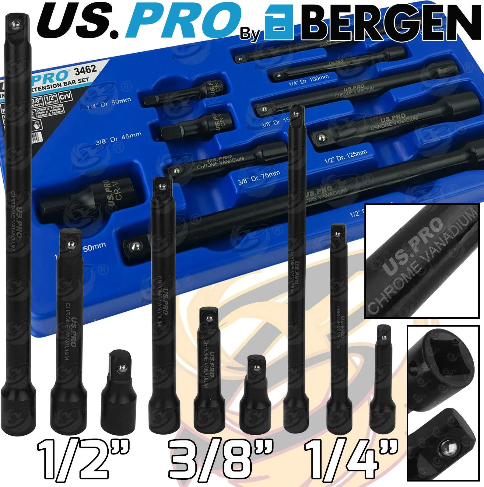 US PRO 9PCS 1/4" & 3/8" & 1/2" DRIVE IMPACT EXTENSION BARS