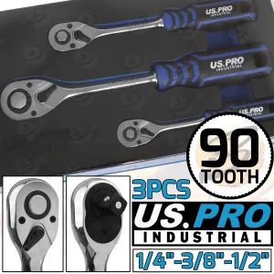 US PRO INDUSTRIAL 3PCS 1/4" & 3/8" & 1/2" DRIVE 90 TOOTH CURVED RATCHET HANDLES