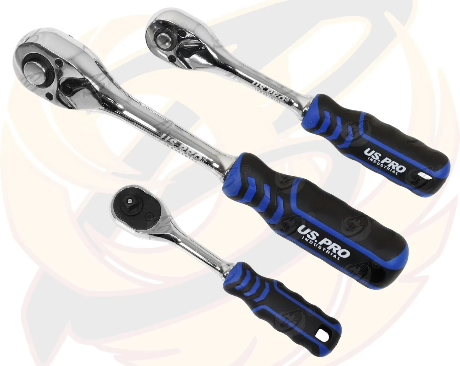 US PRO INDUSTRIAL 3PCS 1/4" & 3/8" & 1/2" DRIVE 90 TOOTH CURVED RATCHET HANDLES