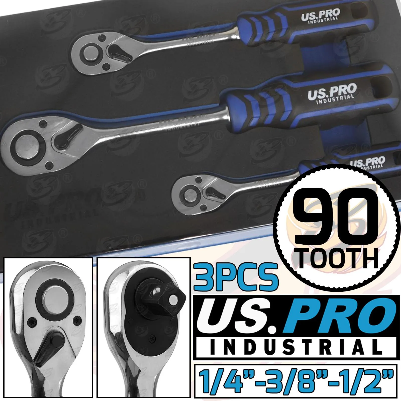 US PRO INDUSTRIAL 3PCS 1/4" & 3/8" & 1/2" DRIVE 90 TOOTH CURVED RATCHET HANDLES