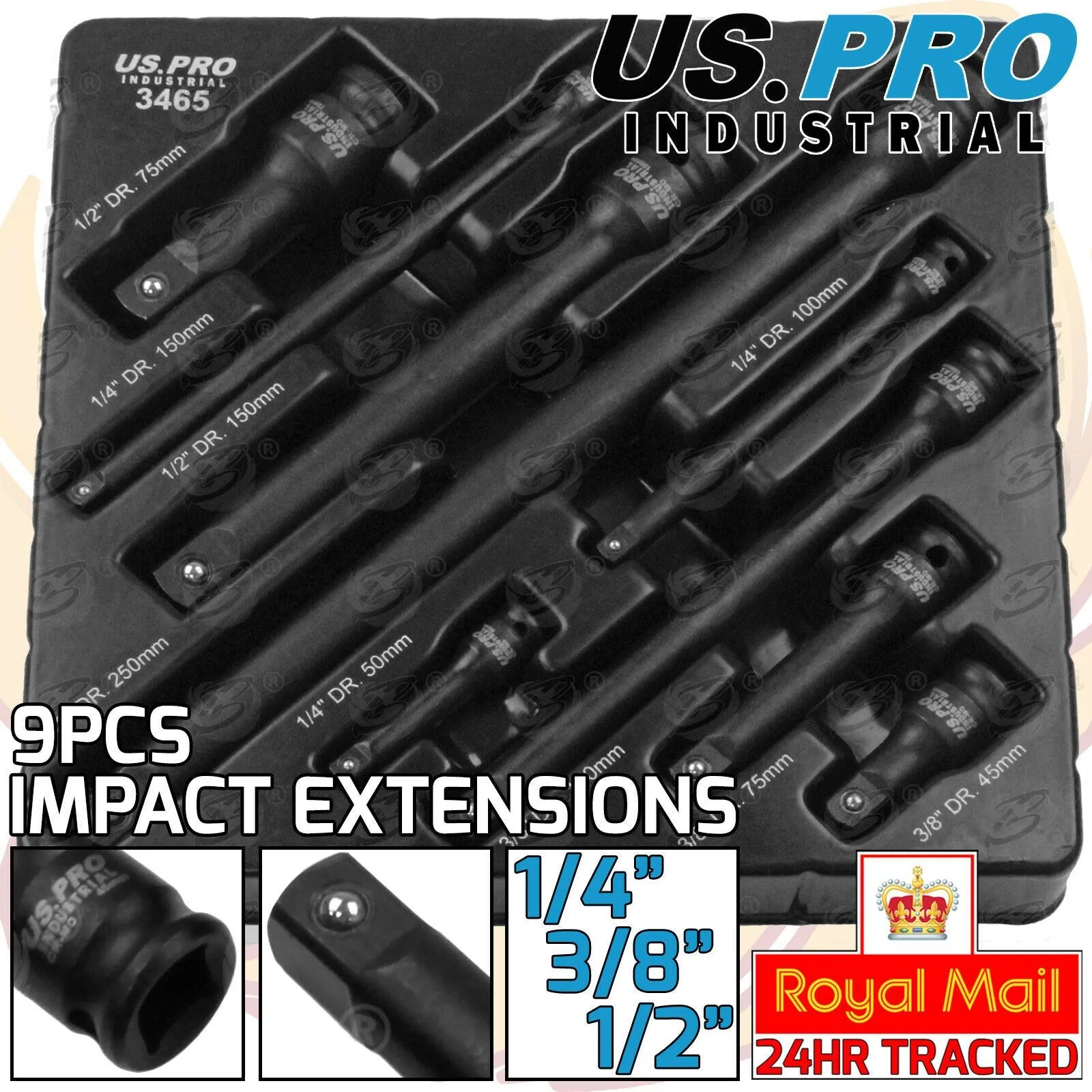 US PRO INDUSTRIAL 9PCS 1/4" & 3/8" & 1/2" DRIVE IMPACT EXTENSION BARS