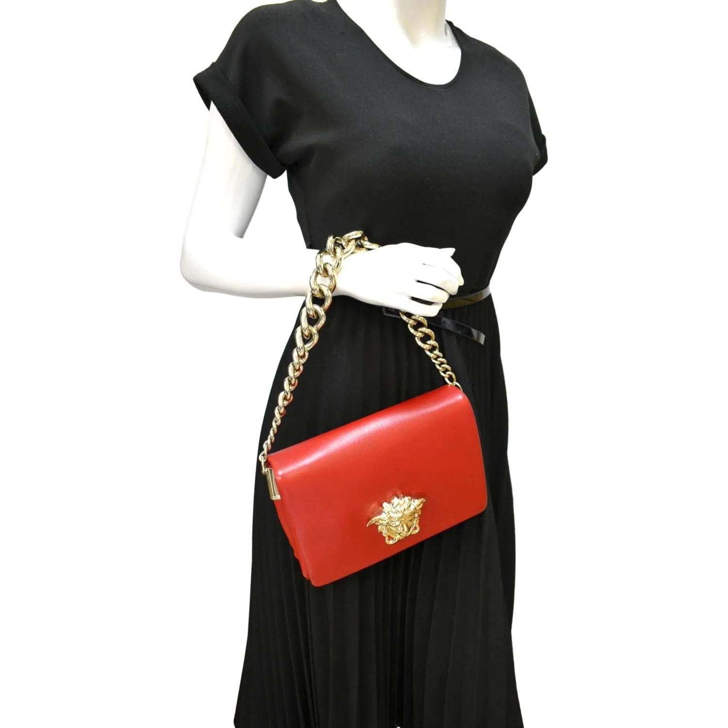 VERSACE Medusa Calfskin Leather Chain Clutch Bag Red