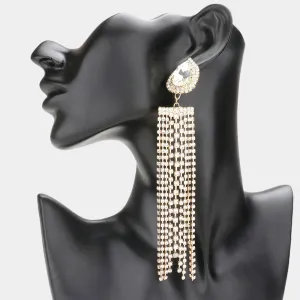 Very Long Clear Teardrop Accented Rhinestone Fringe Statement Earrings on Gold| Pageant Earrings |  576042