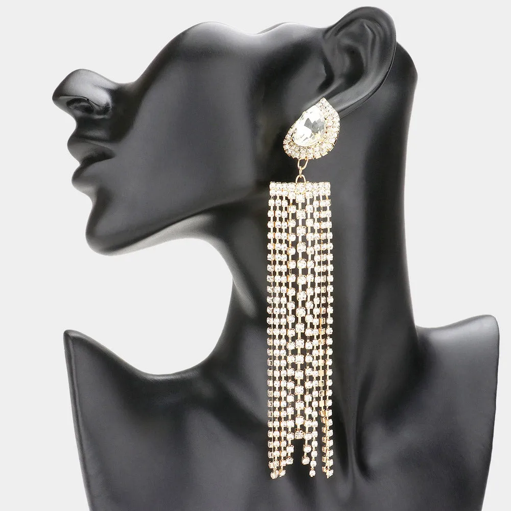 Very Long Clear Teardrop Accented Rhinestone Fringe Statement Earrings on Gold| Pageant Earrings |  576042