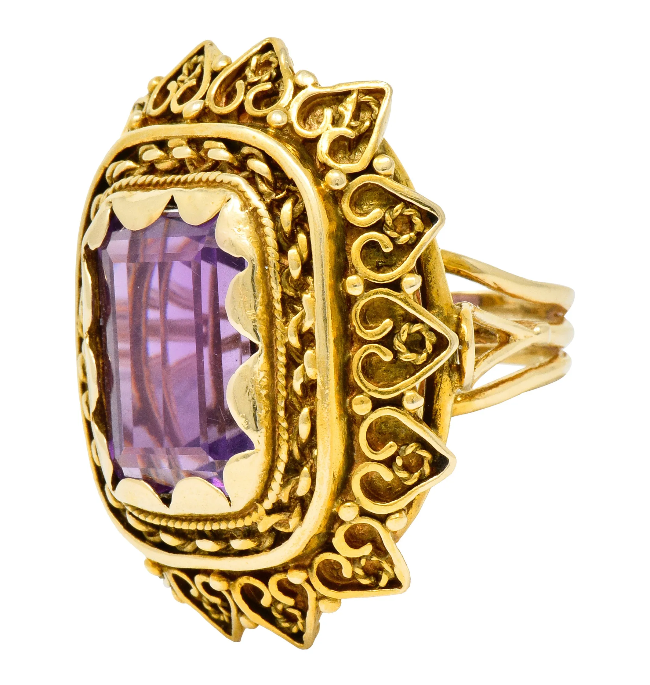 Vintage 13.64 CTW Emerald Cut Amethyst 14 Karat Gold Cocktail Ring