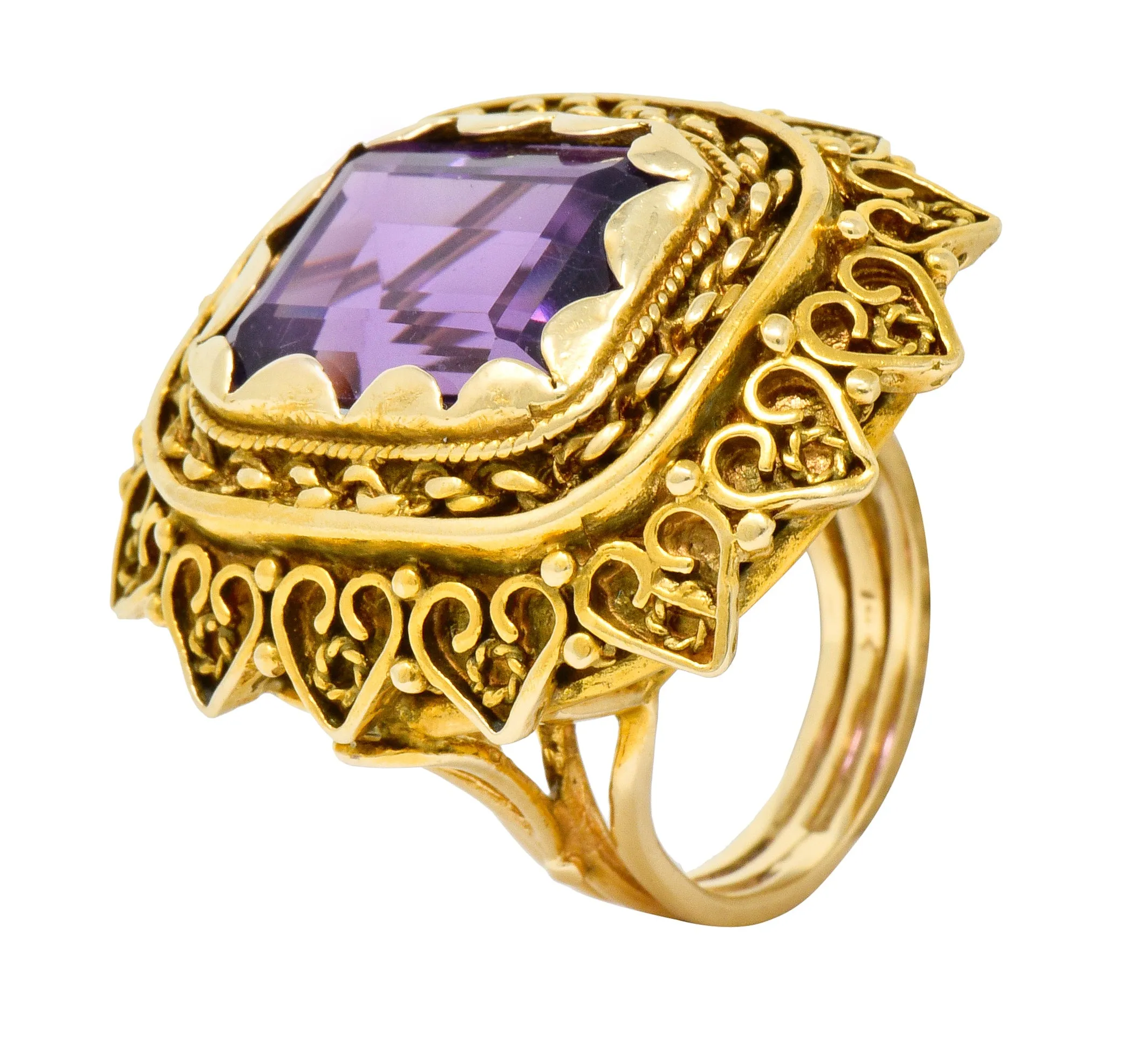Vintage 13.64 CTW Emerald Cut Amethyst 14 Karat Gold Cocktail Ring