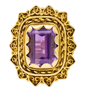 Vintage 13.64 CTW Emerald Cut Amethyst 14 Karat Gold Cocktail Ring
