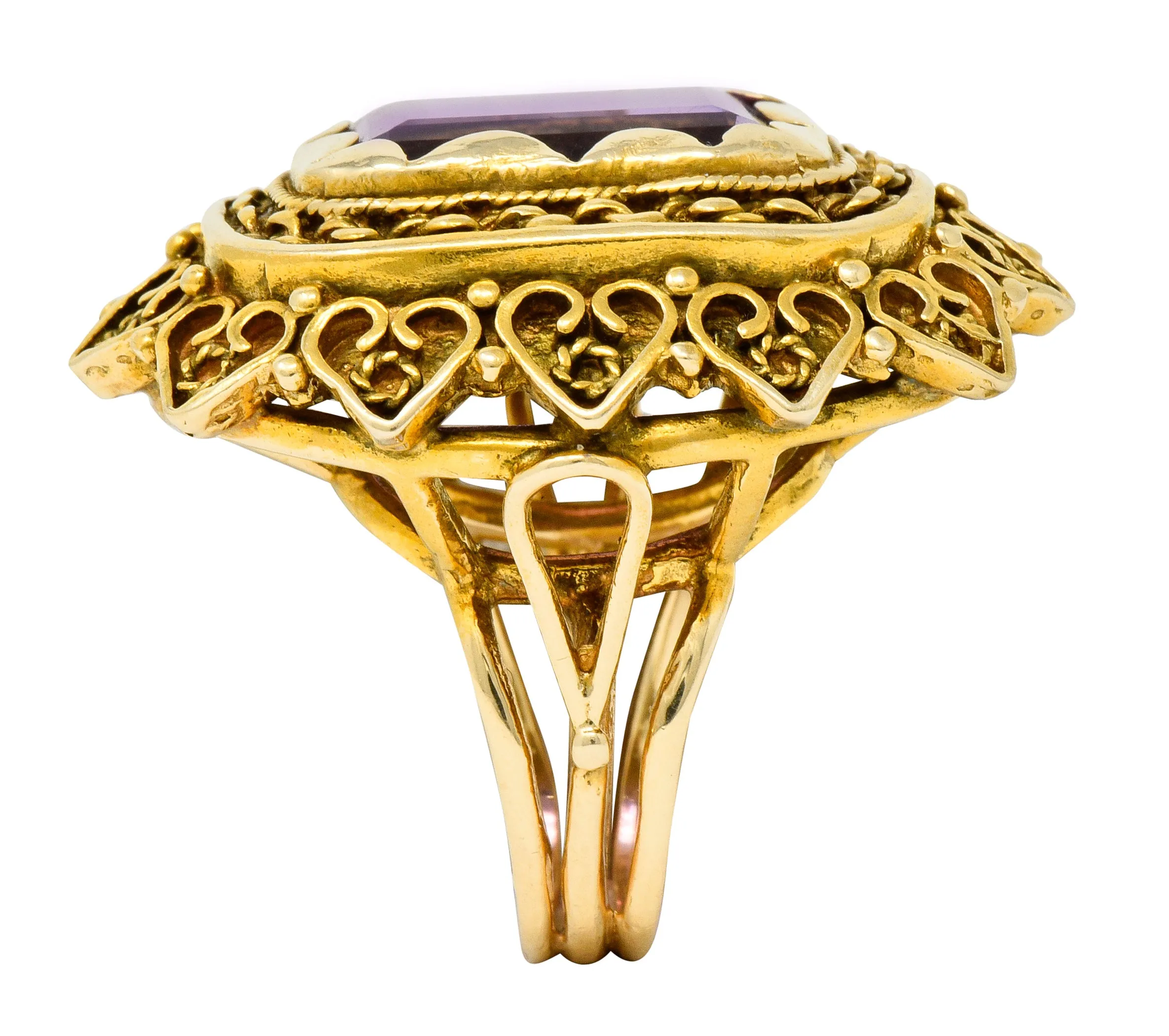 Vintage 13.64 CTW Emerald Cut Amethyst 14 Karat Gold Cocktail Ring