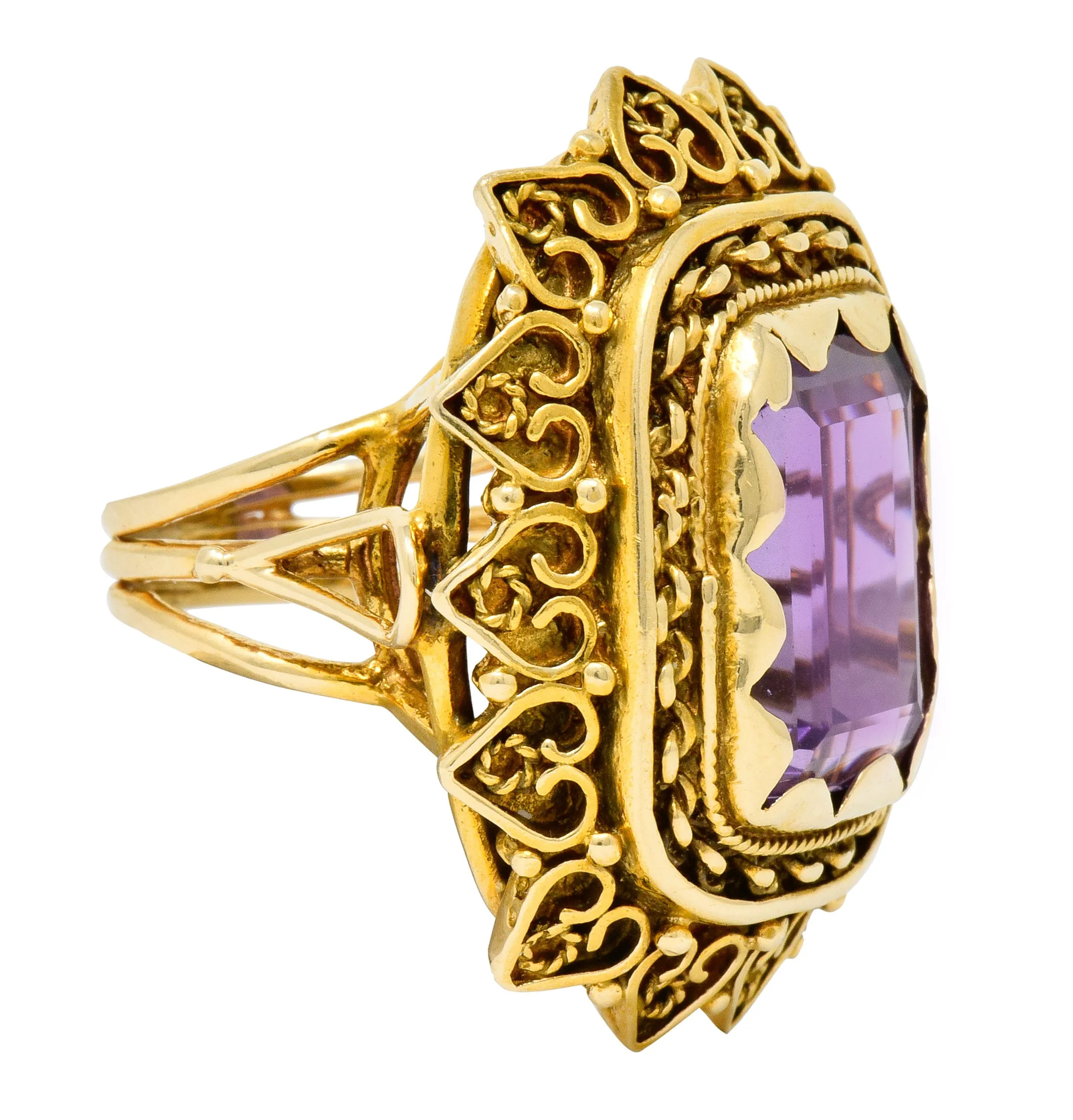 Vintage 13.64 CTW Emerald Cut Amethyst 14 Karat Gold Cocktail Ring