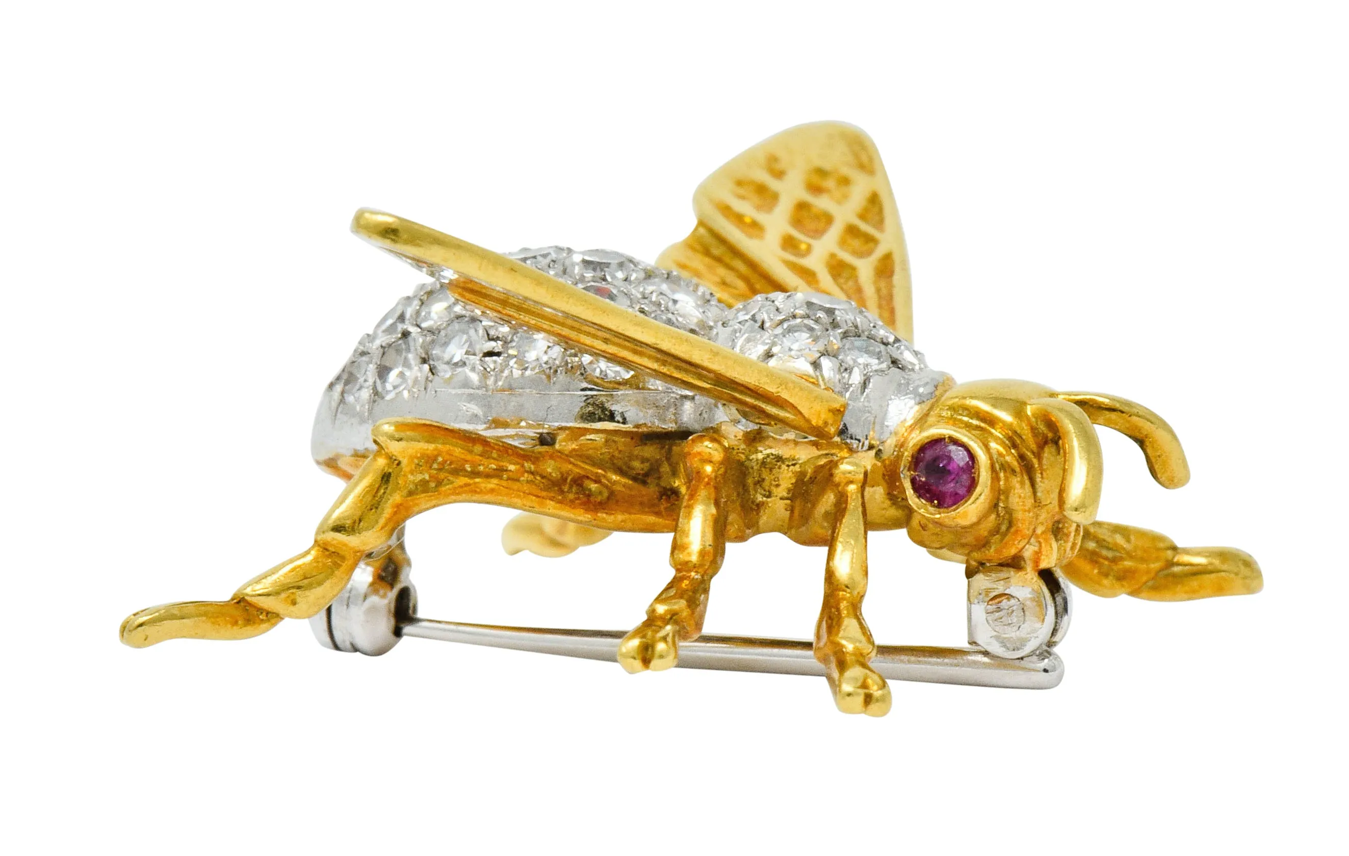 Vintage 1.75 CTW Diamond Ruby Platinum 18 Karat Gold Bee Brooch