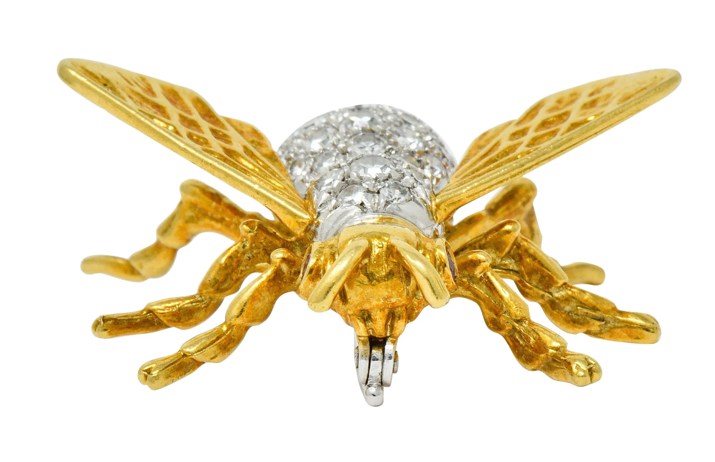 Vintage 1.75 CTW Diamond Ruby Platinum 18 Karat Gold Bee Brooch