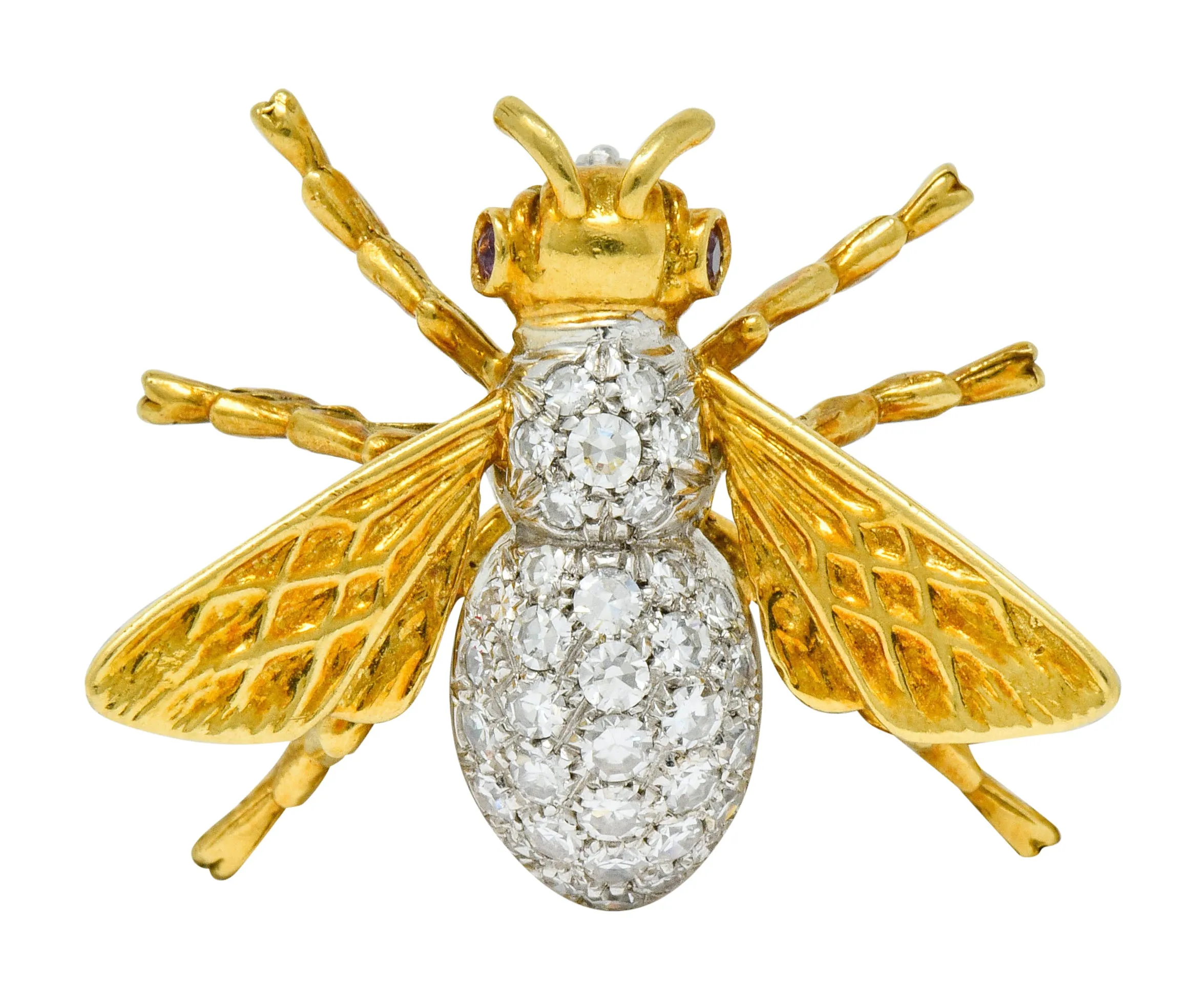 Vintage 1.75 CTW Diamond Ruby Platinum 18 Karat Gold Bee Brooch