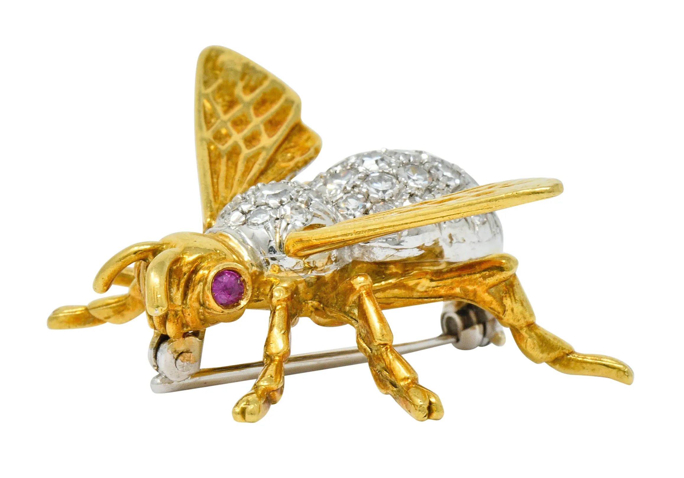 Vintage 1.75 CTW Diamond Ruby Platinum 18 Karat Gold Bee Brooch