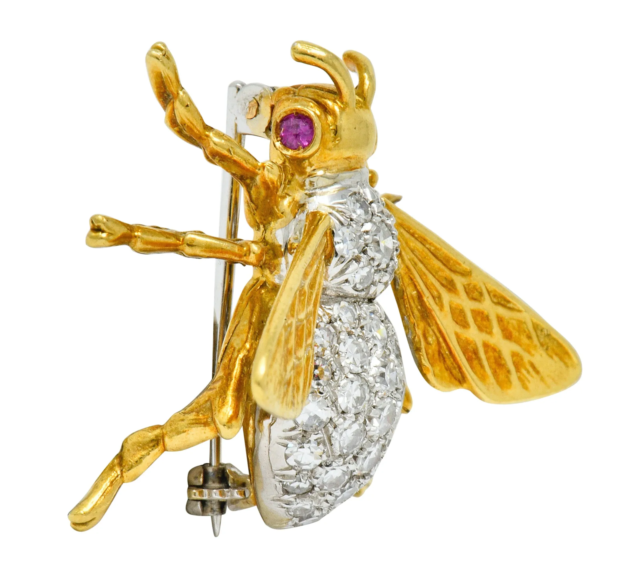 Vintage 1.75 CTW Diamond Ruby Platinum 18 Karat Gold Bee Brooch