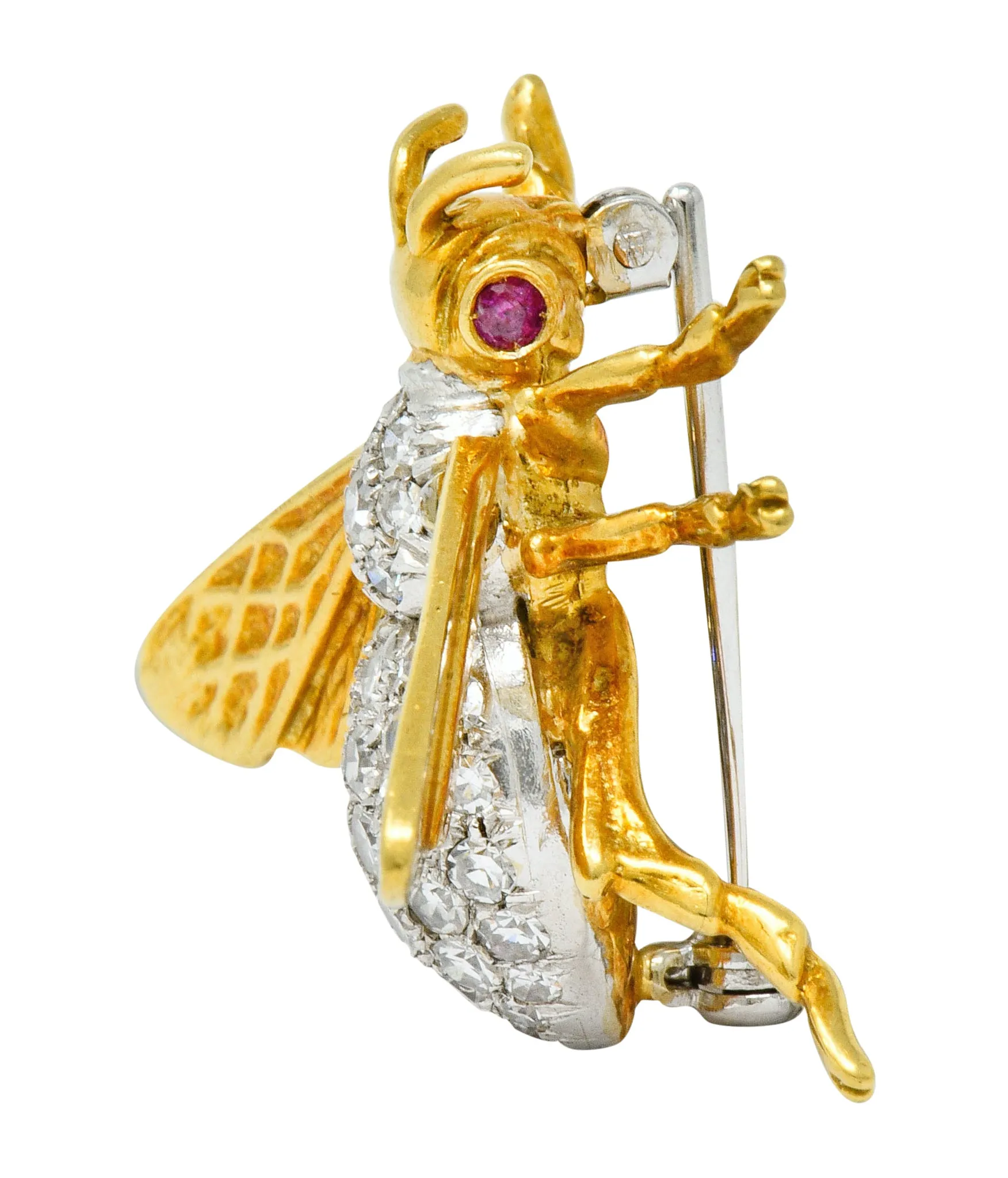 Vintage 1.75 CTW Diamond Ruby Platinum 18 Karat Gold Bee Brooch