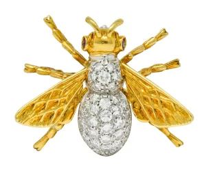 Vintage 1.75 CTW Diamond Ruby Platinum 18 Karat Gold Bee Brooch