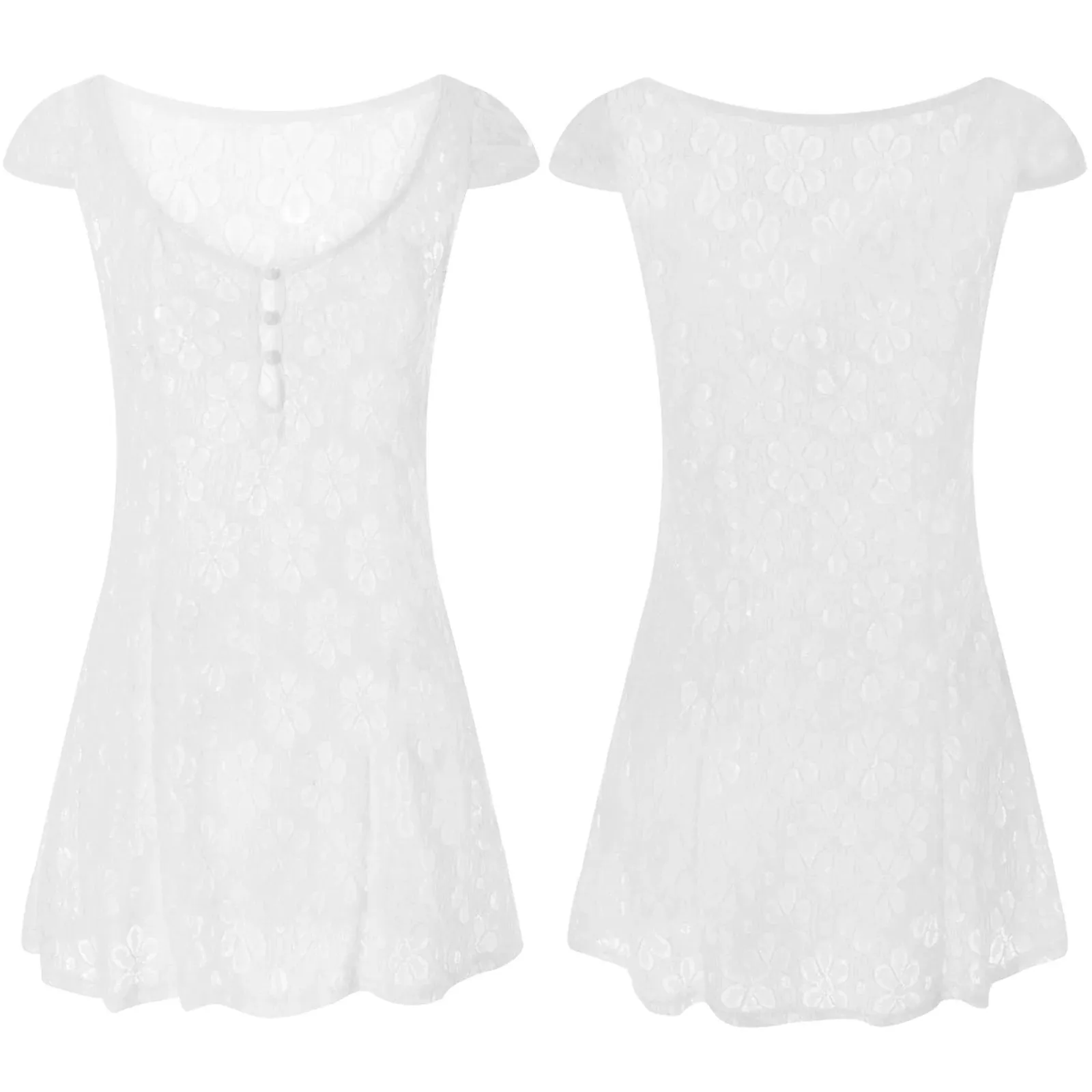 Vintage Retro Summer Lace See-Through Short Dress Cap Sleeve V-Neck Hollow Out Button Down Short A-line Dress
