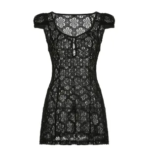 Vintage Retro Summer Lace See-Through Short Dress Cap Sleeve V-Neck Hollow Out Button Down Short A-line Dress