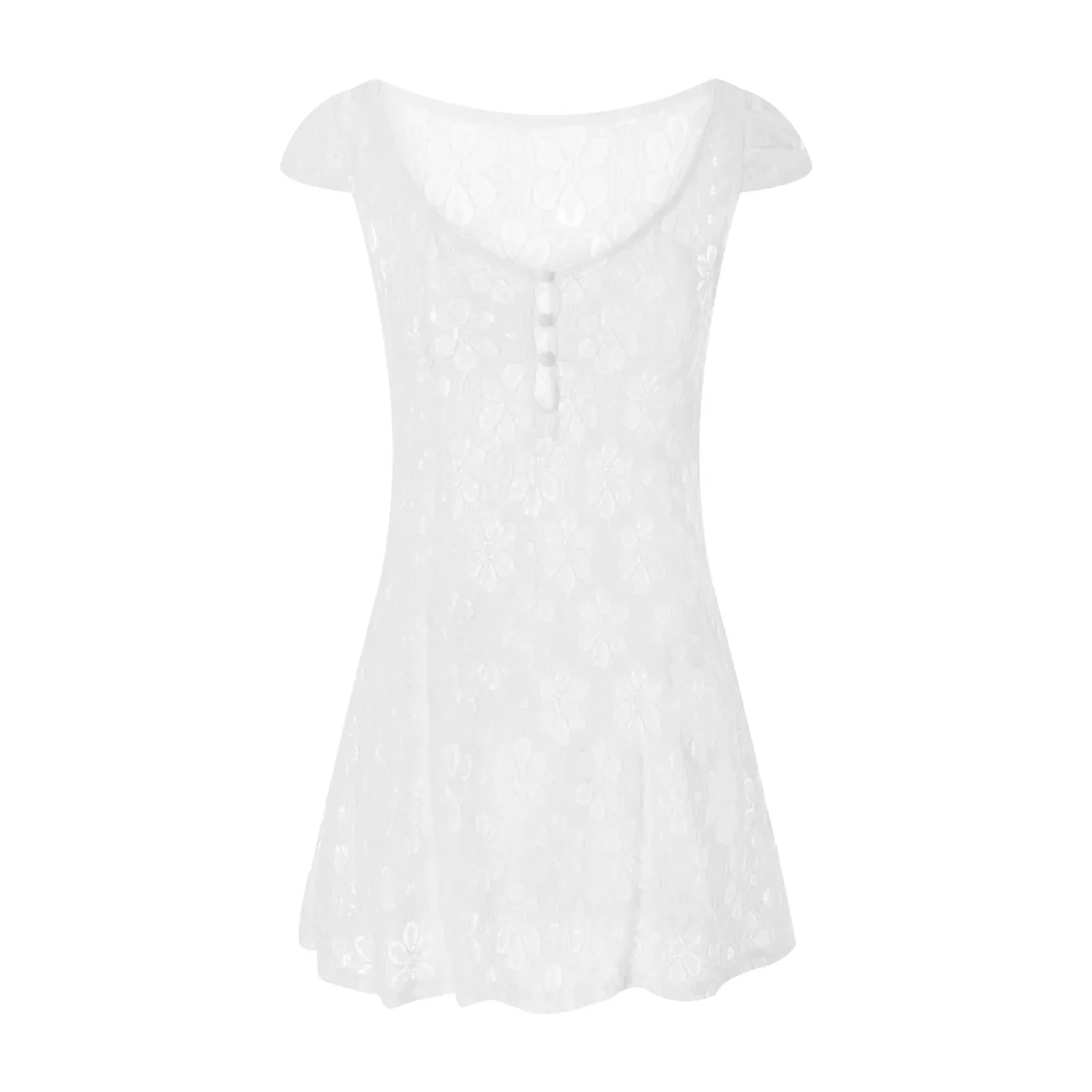 Vintage Retro Summer Lace See-Through Short Dress Cap Sleeve V-Neck Hollow Out Button Down Short A-line Dress