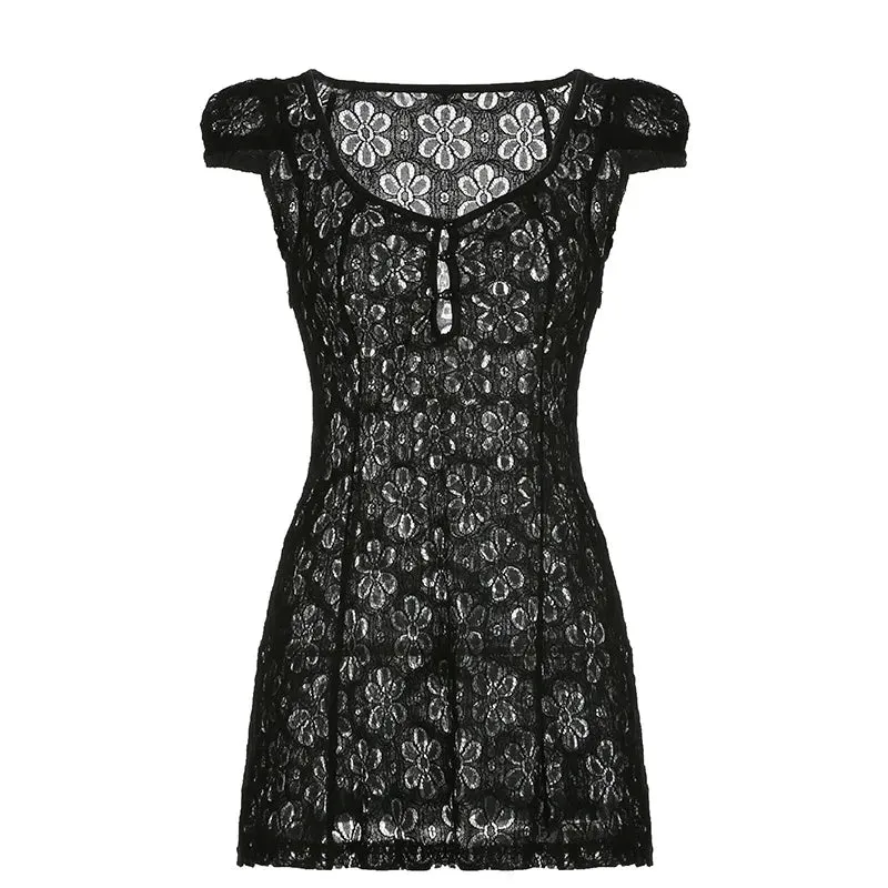 Vintage Retro Summer Lace See-Through Short Dress Cap Sleeve V-Neck Hollow Out Button Down Short A-line Dress